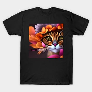 Cat and Flowers | White, brown and red cat with green eyes | Digital art Sticker T-Shirt